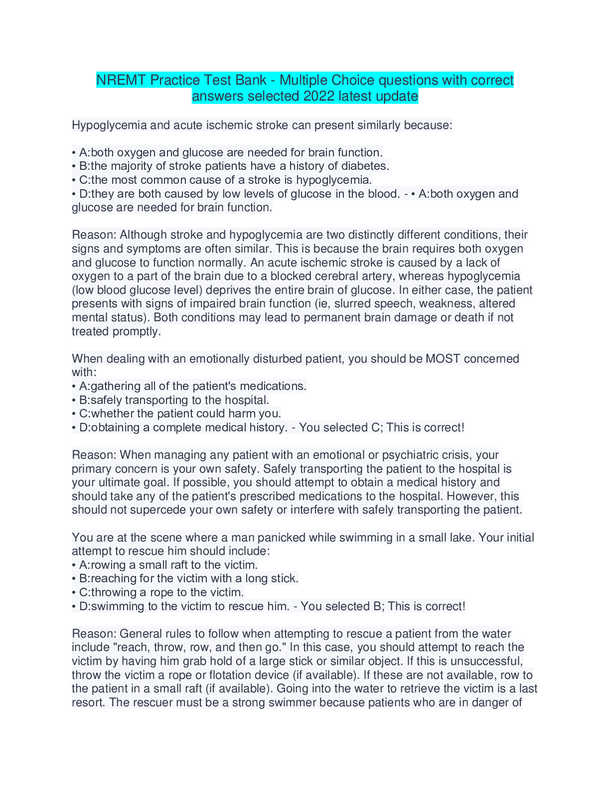 Preview image for NREMT Practice Test Bank - Multiple Choice questions with correct  answers selected 2022 latest update